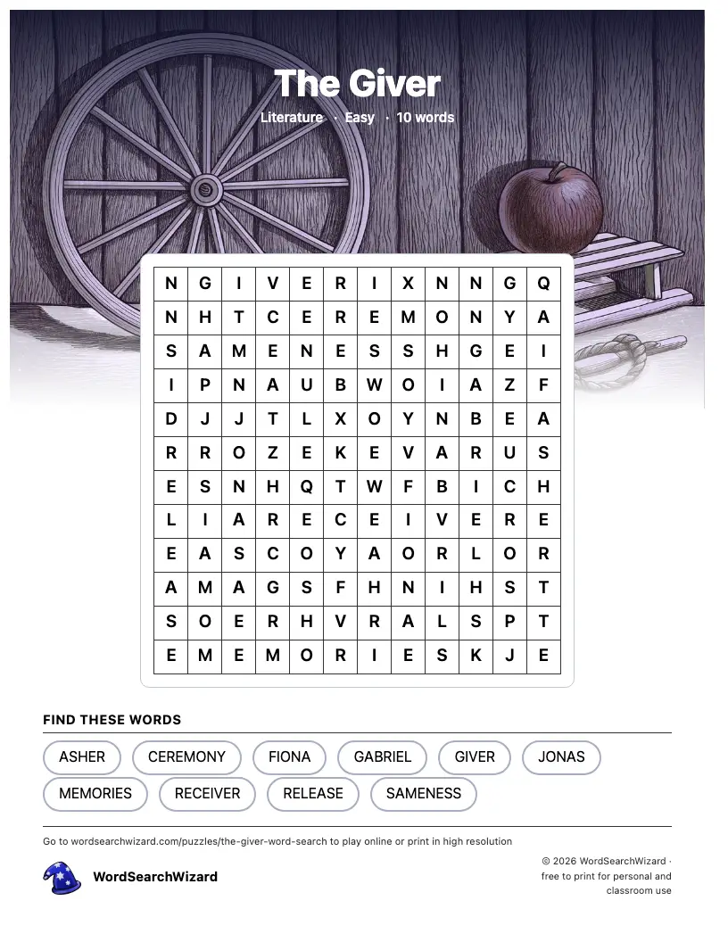 The Giver word search printable sheet, 10 words to find