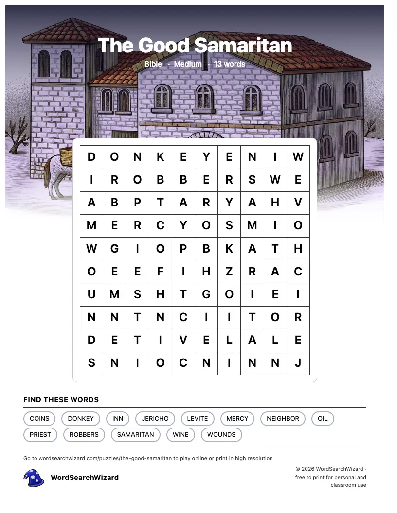The Good Samaritan word search printable sheet, 13 words to find