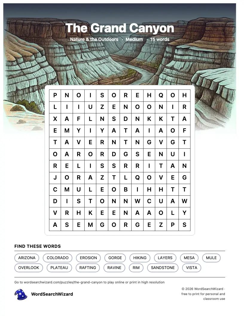 The Grand Canyon word search printable sheet, 15 words to find
