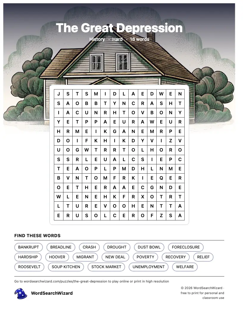 The Great Depression word search printable sheet, 18 words to find