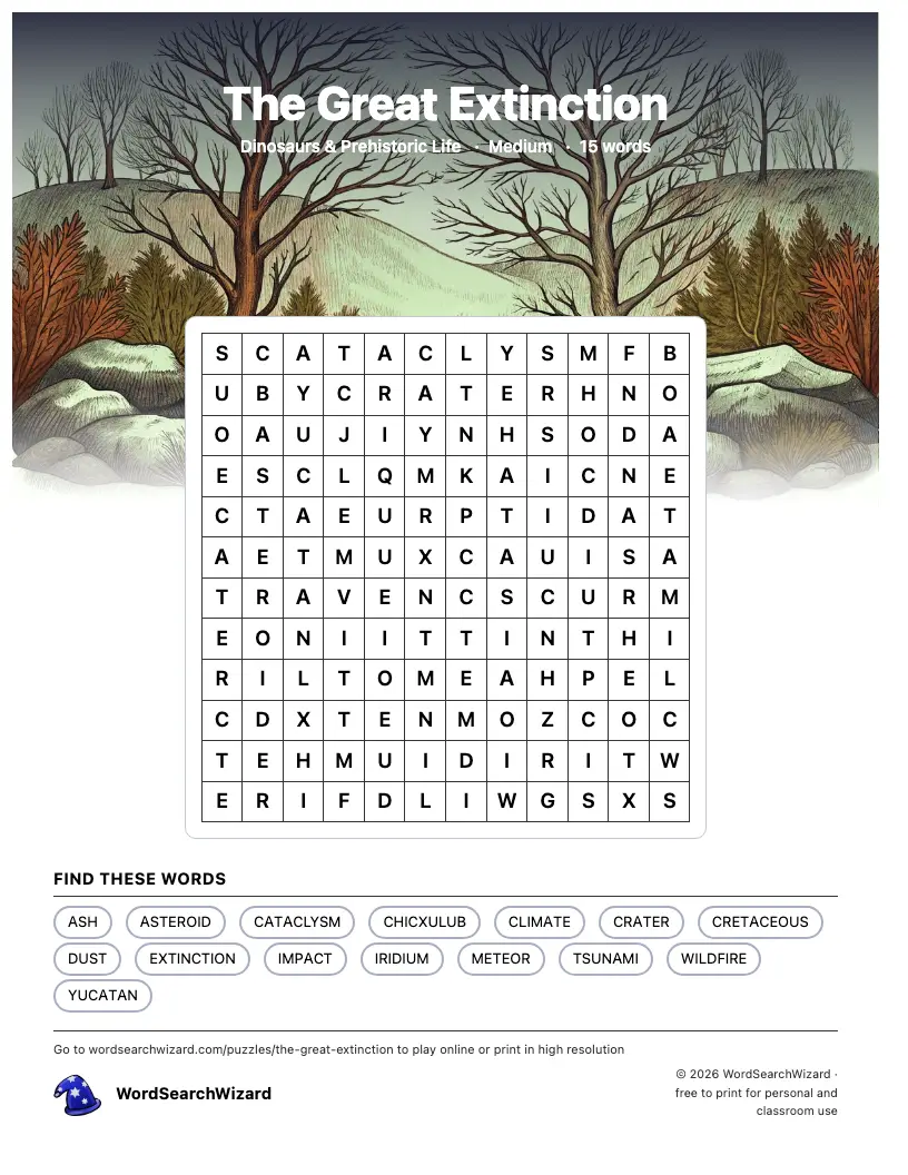 The Great Extinction word search printable sheet, 15 words to find
