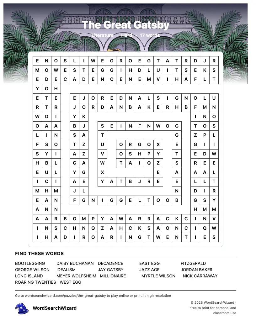The Great Gatsby word search printable sheet, 17 words to find