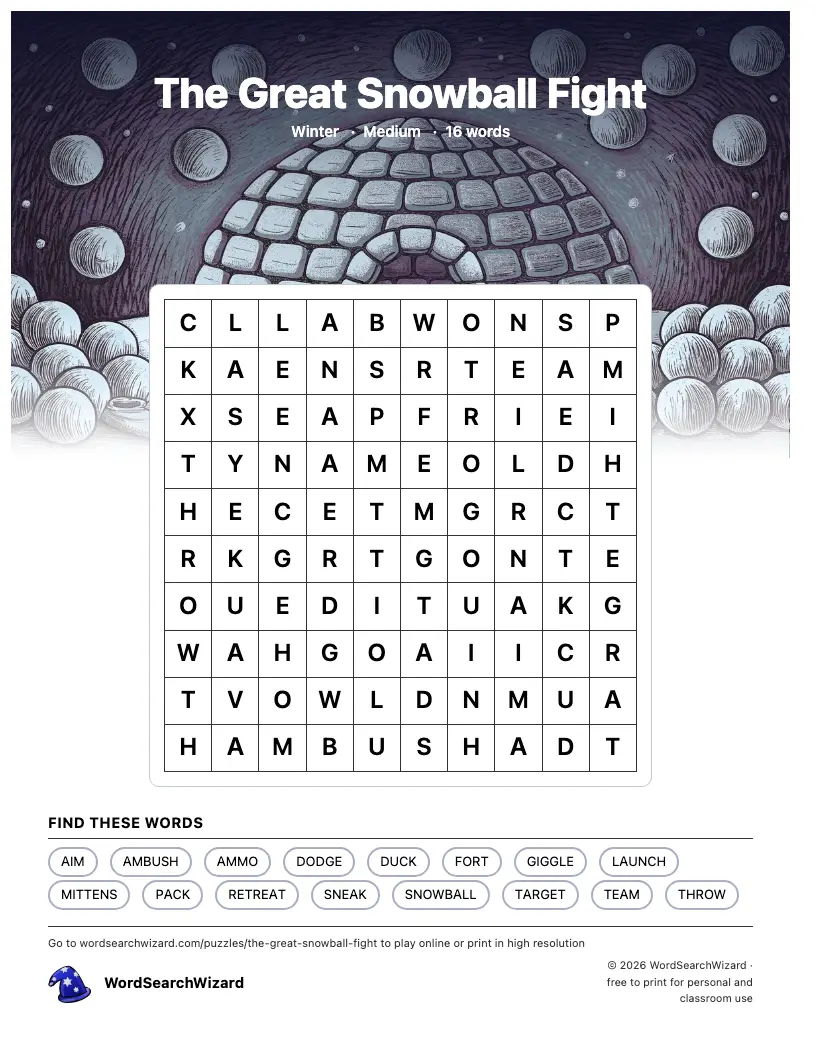 The Great Snowball Fight word search printable sheet, 16 words to find