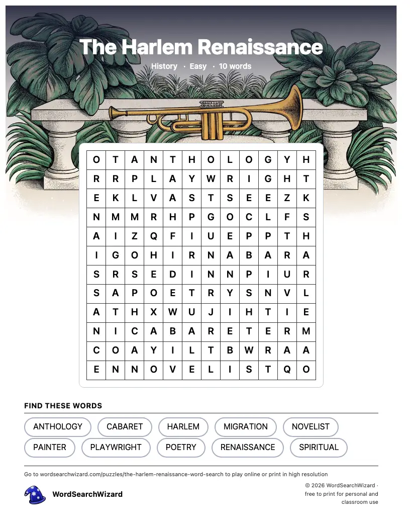 The Harlem Renaissance word search printable sheet, 10 words to find