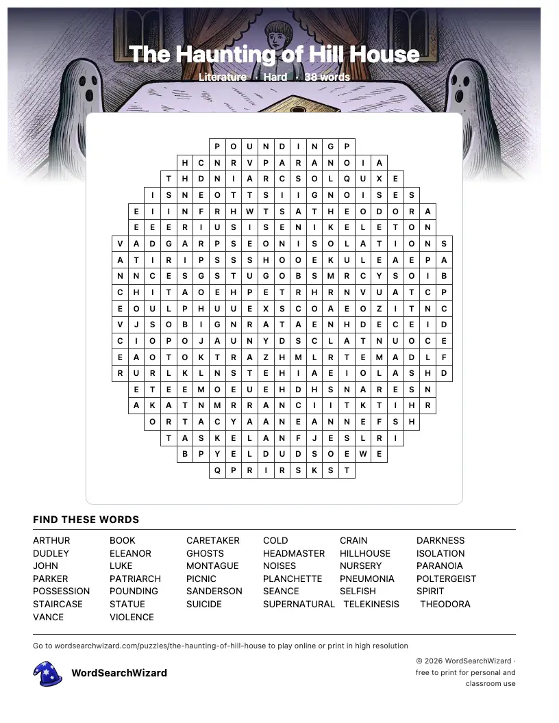 The Haunting of Hill House word search printable sheet, 38 words to find