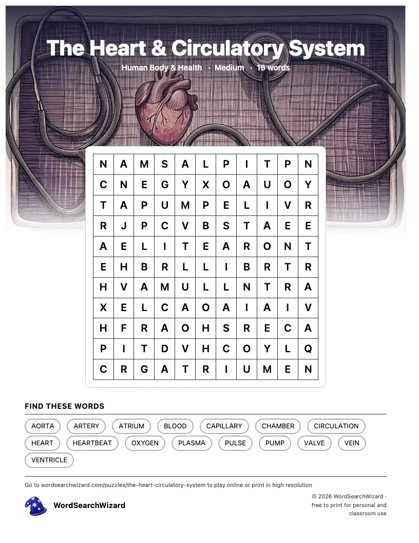 The Heart & Circulatory System word search printable sheet, 16 words to find