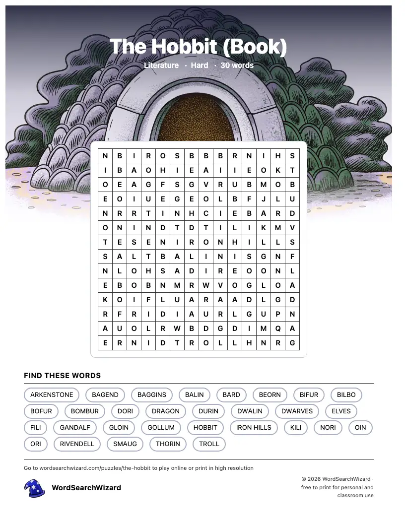 The Hobbit word search printable sheet, 30 words to find
