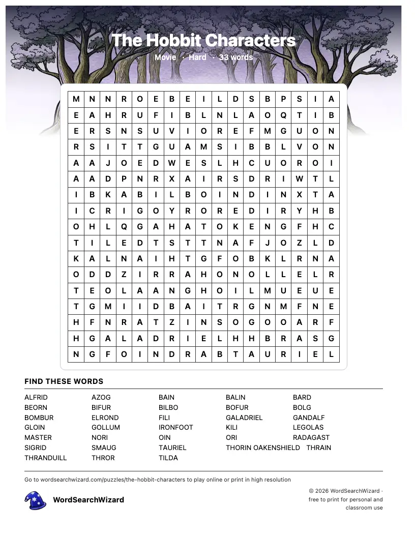 The Hobbit Characters word search printable sheet, 33 words to find