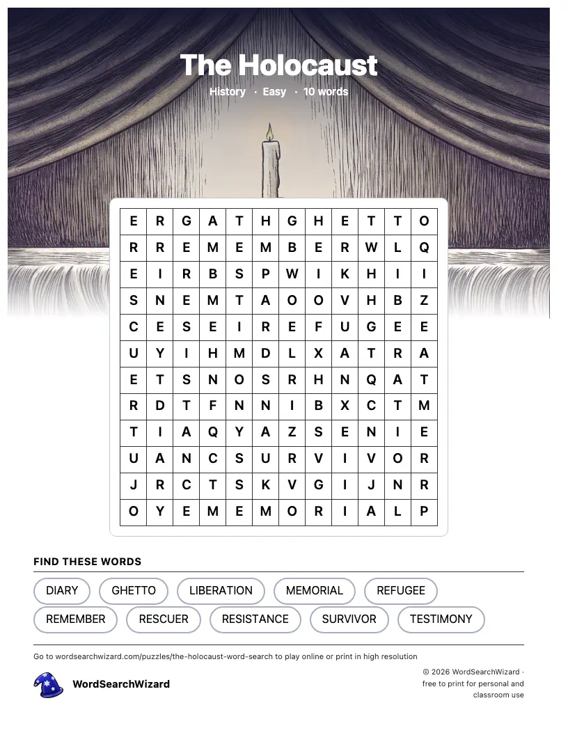 The Holocaust word search printable sheet, 10 words to find