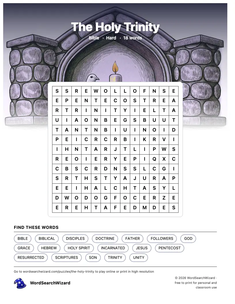 The Holy Trinity word search printable sheet, 18 words to find