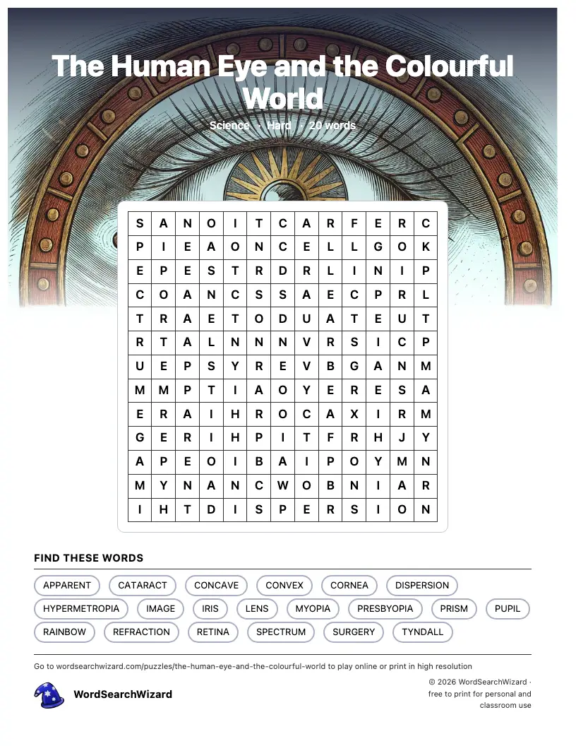 The Human Eye and the Colourful World word search printable sheet, 20 words to find