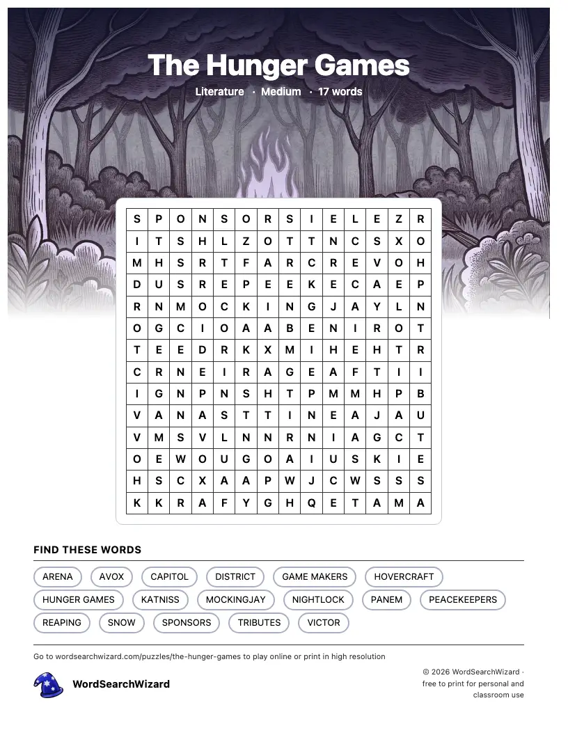 The Hunger Games word search printable sheet, 17 words to find