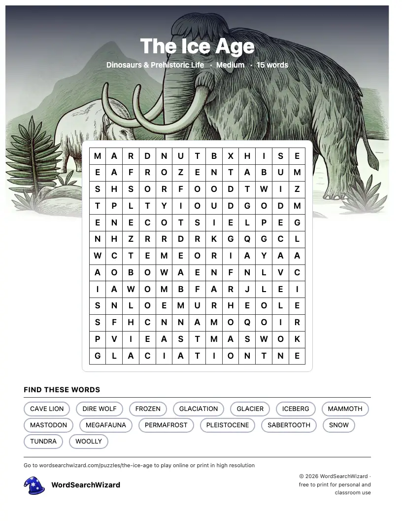 The Ice Age word search printable sheet, 15 words to find