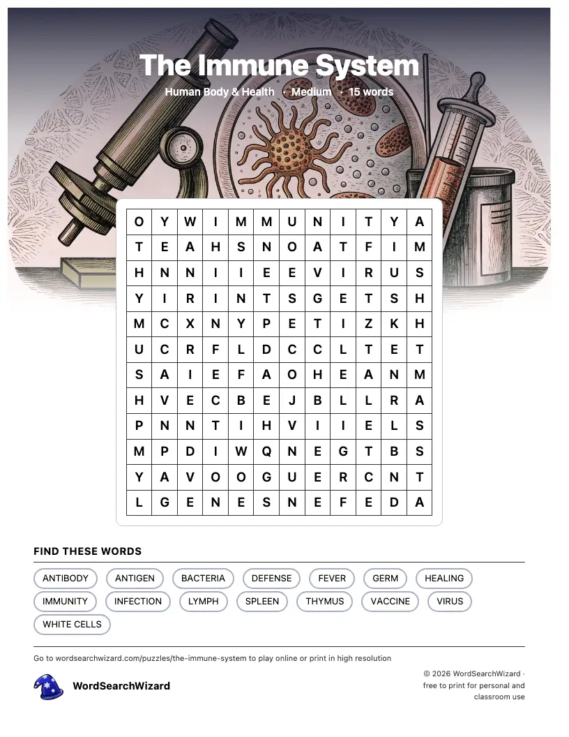 The Immune System word search printable sheet, 15 words to find