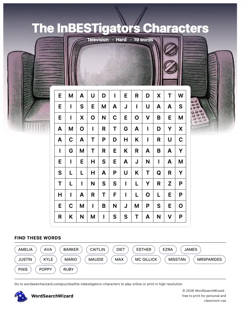 The InBESTigators Characters word search printable sheet, 19 words to find