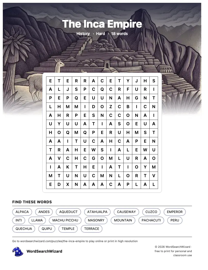 The Inca Empire word search printable sheet, 18 words to find