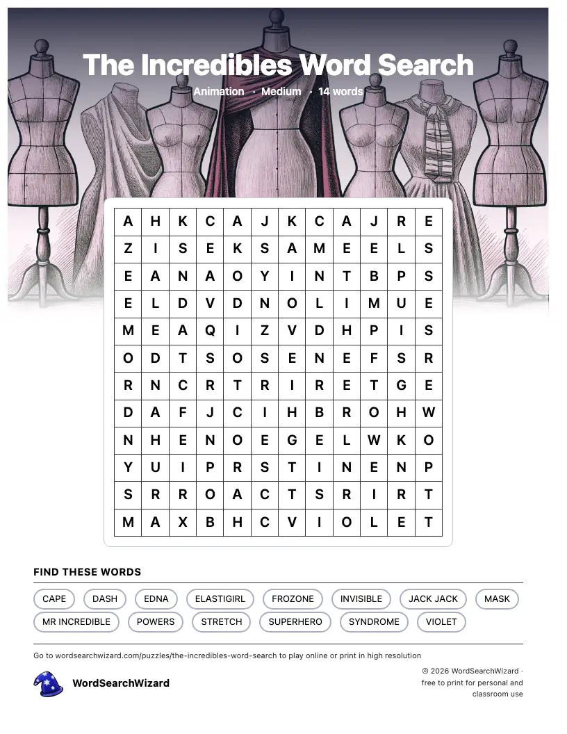 The Incredibles word search printable sheet, 14 words to find