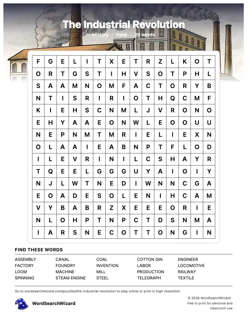 The Industrial Revolution word search printable sheet, 20 words to find