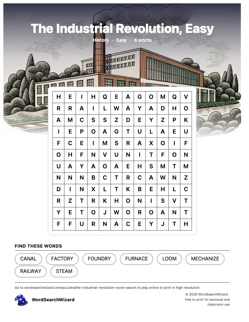 The Industrial Revolution, Easy word search printable sheet, 8 words to find
