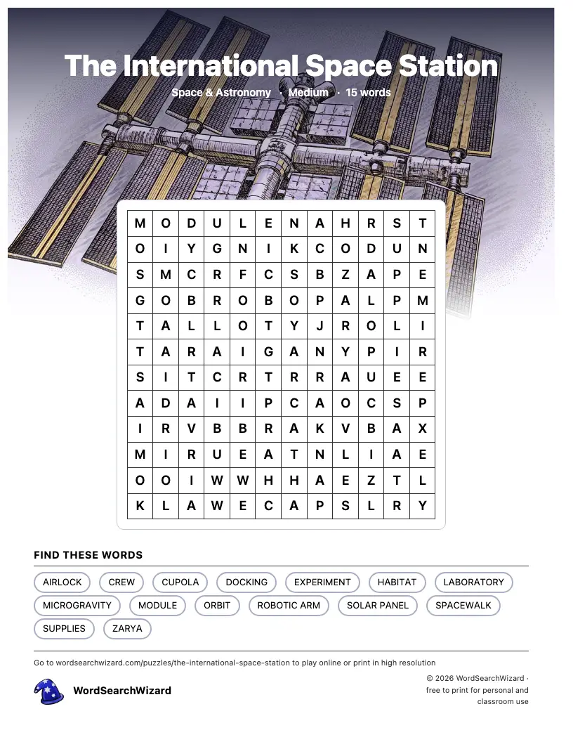 The International Space Station word search printable sheet, 15 words to find