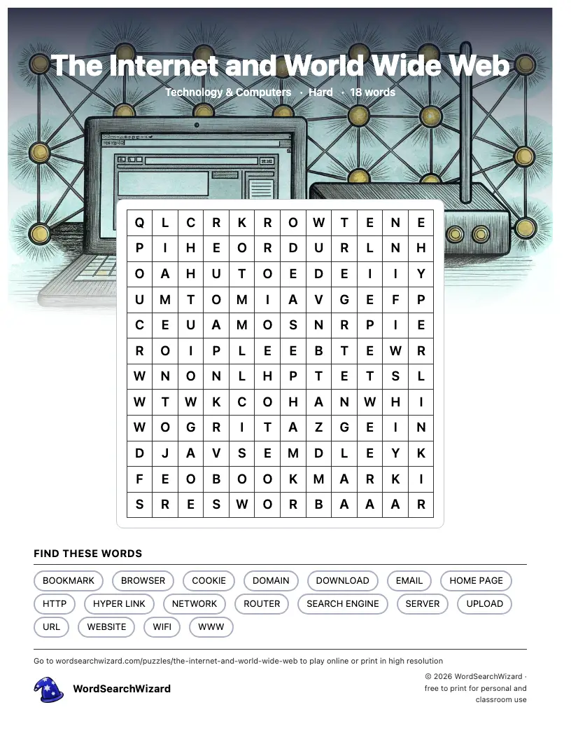 The Internet and World Wide Web word search printable sheet, 18 words to find