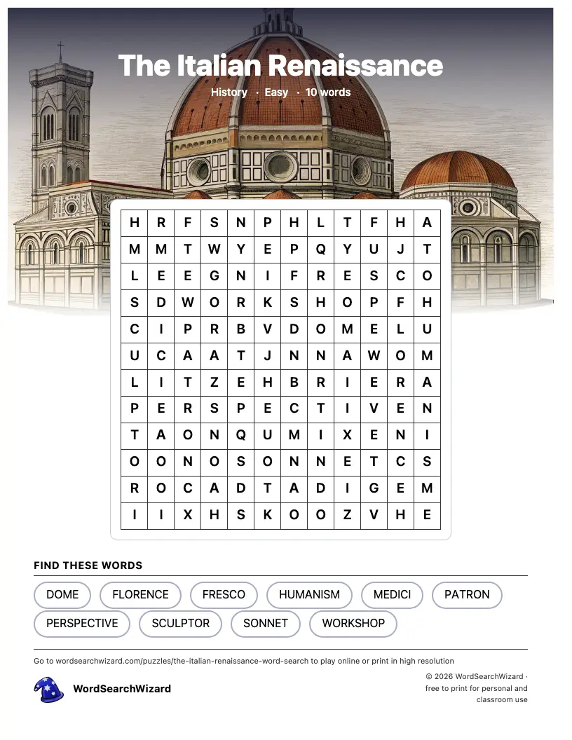 The Italian Renaissance word search printable sheet, 10 words to find