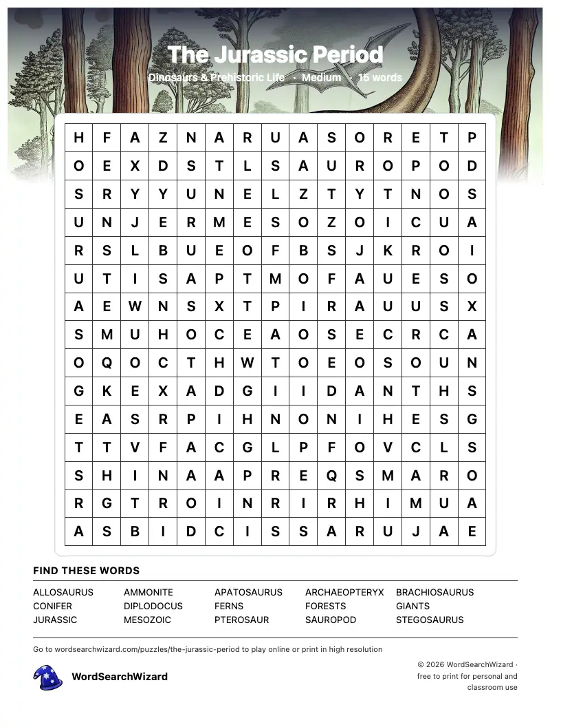 The Jurassic Period word search printable sheet, 15 words to find