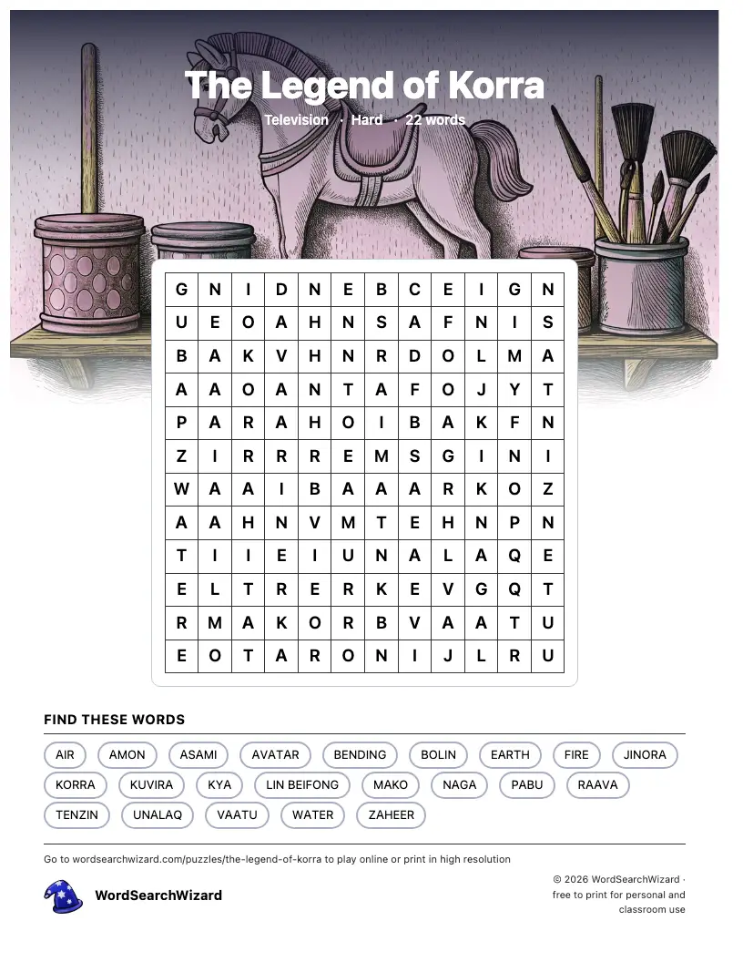 The Legend of Korra word search printable sheet, 22 words to find