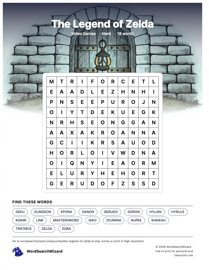 The Legend of Zelda word search printable sheet, 18 words to find