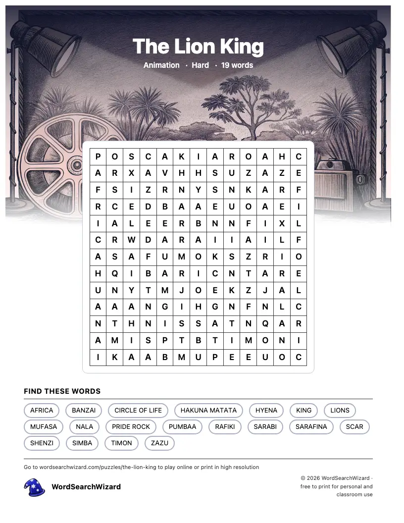 The Lion King word search printable sheet, 19 words to find