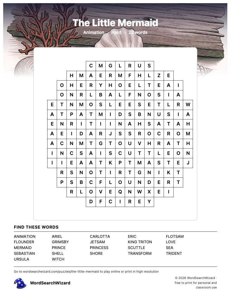 The Little Mermaid word search printable sheet, 22 words to find