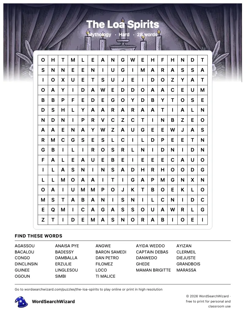 The Loa Spirits word search printable sheet, 28 words to find
