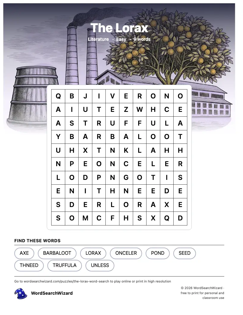 The Lorax word search printable sheet, 9 words to find