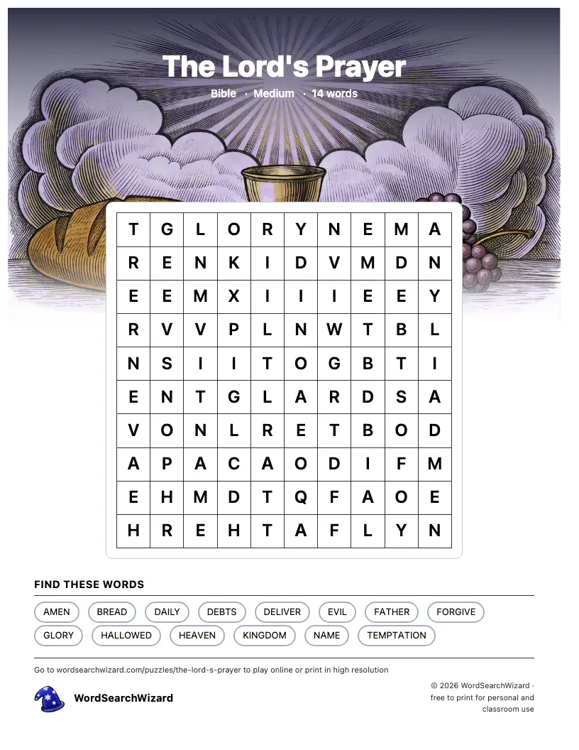The Lord's Prayer word search printable sheet, 14 words to find
