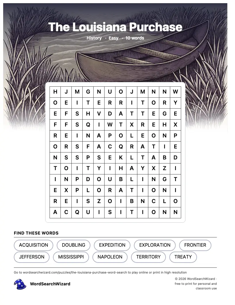 The Louisiana Purchase word search printable sheet, 10 words to find