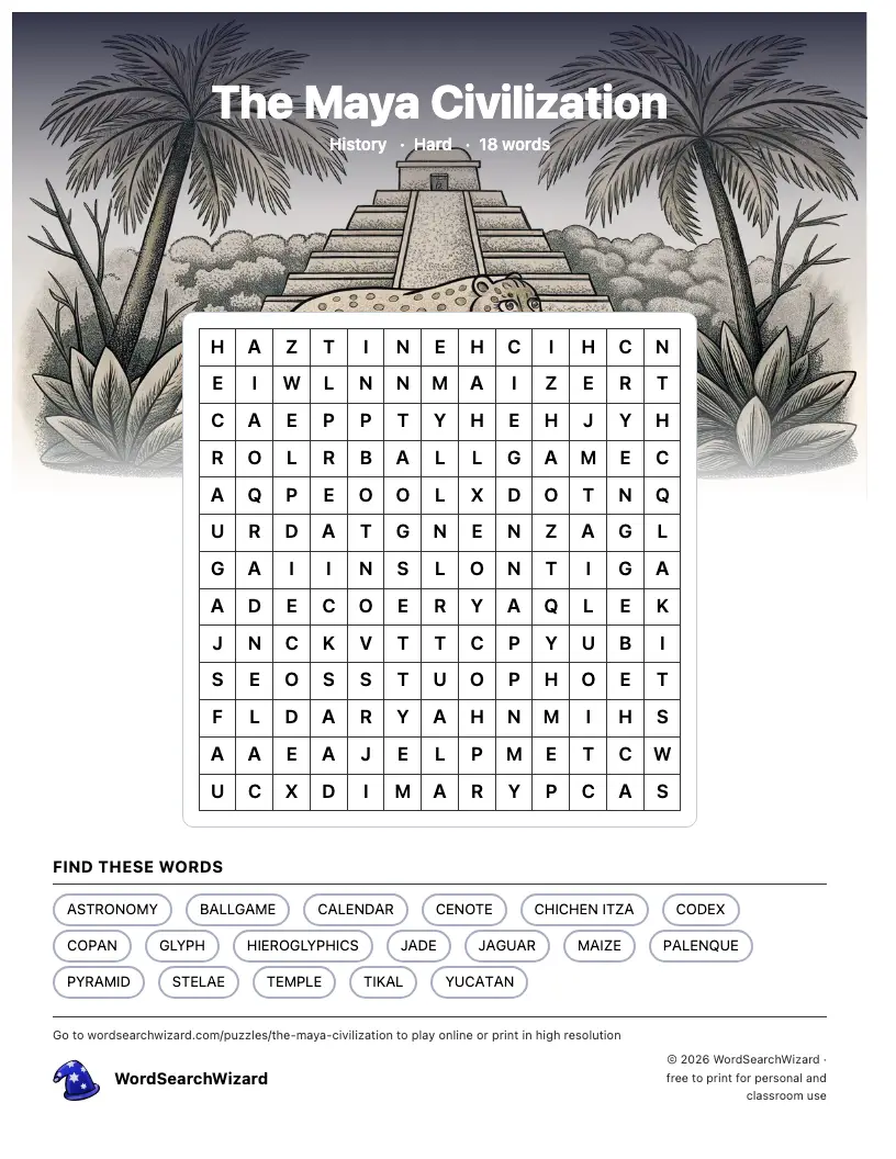 The Maya Civilization word search printable sheet, 18 words to find