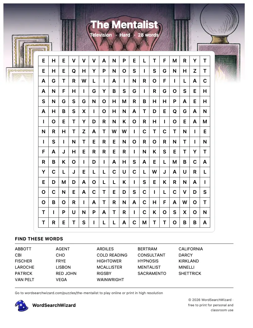 The Mentalist word search printable sheet, 28 words to find