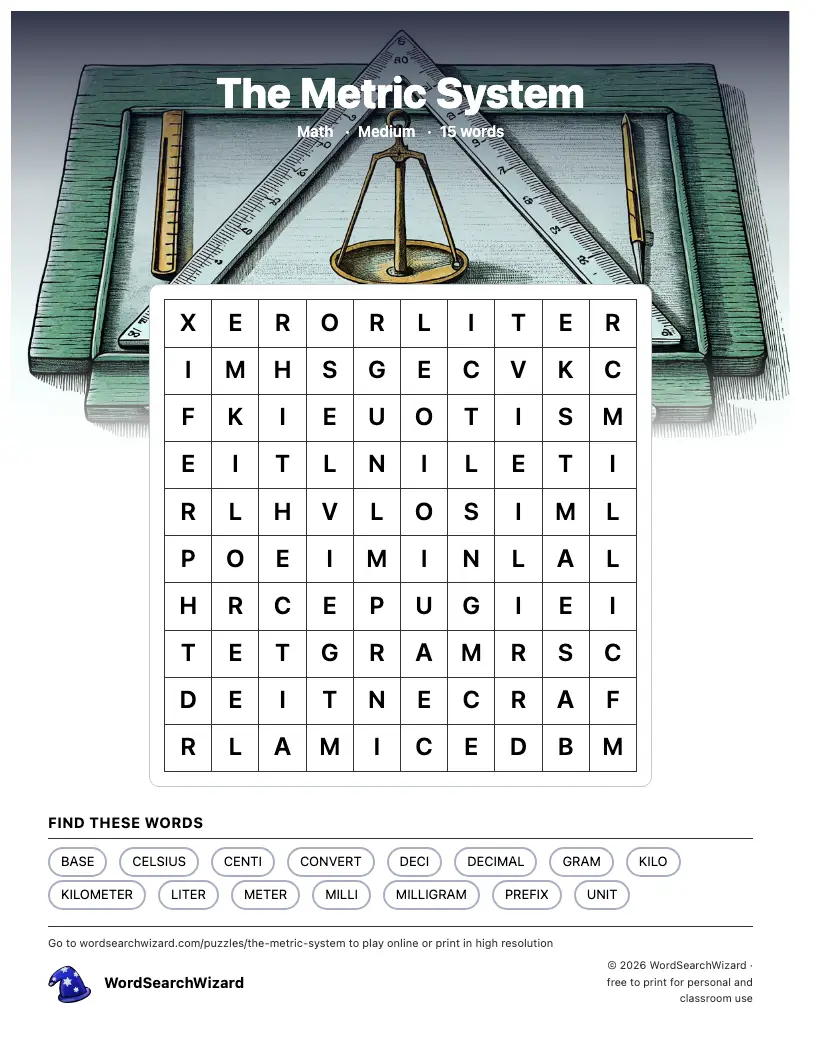 The Metric System word search printable sheet, 15 words to find