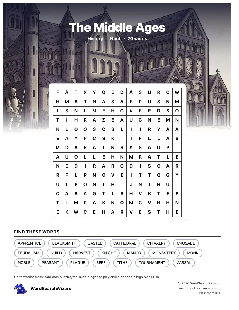 The Middle Ages word search printable sheet, 20 words to find