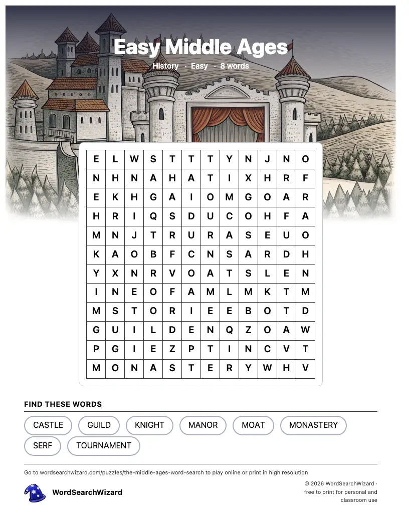 Easy Middle Ages word search printable sheet, 8 words to find