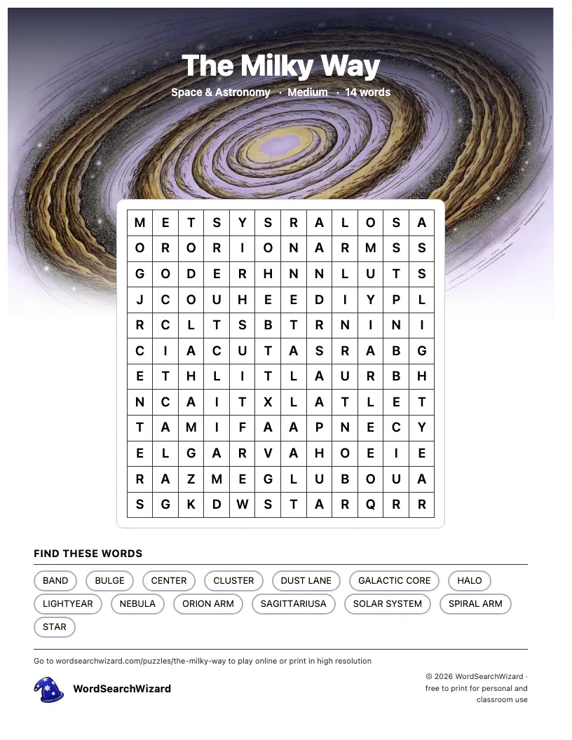The Milky Way word search printable sheet, 14 words to find