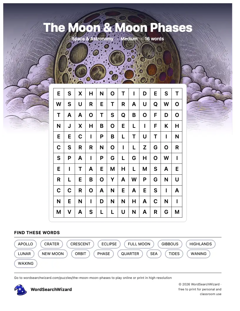 The Moon & Moon Phases word search printable sheet, 16 words to find