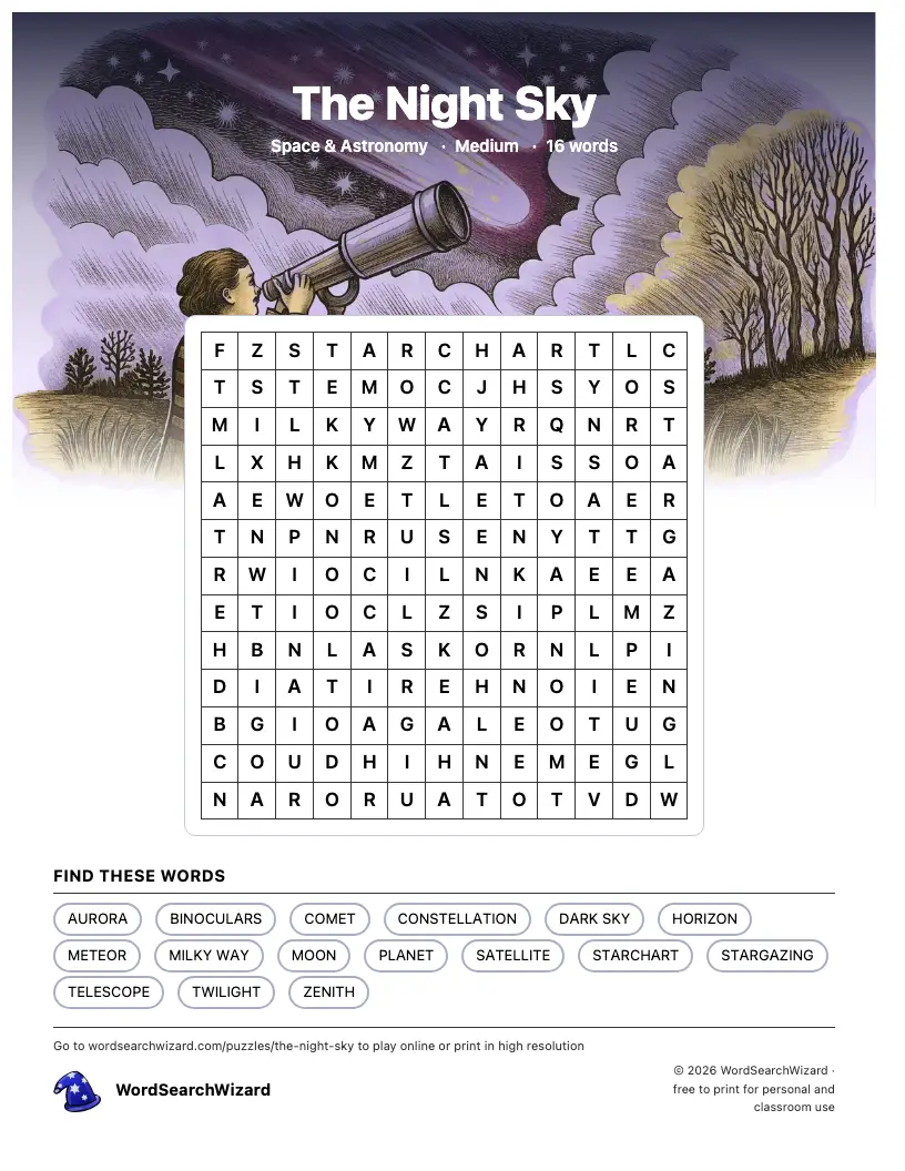 The Night Sky word search printable sheet, 16 words to find