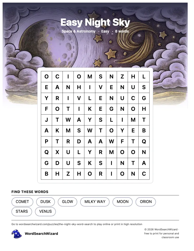Easy Night Sky word search printable sheet, 8 words to find