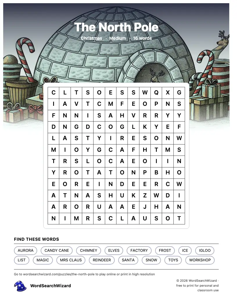 The North Pole word search printable sheet, 16 words to find