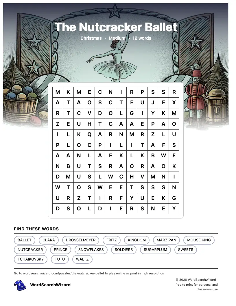 The Nutcracker Ballet word search printable sheet, 16 words to find