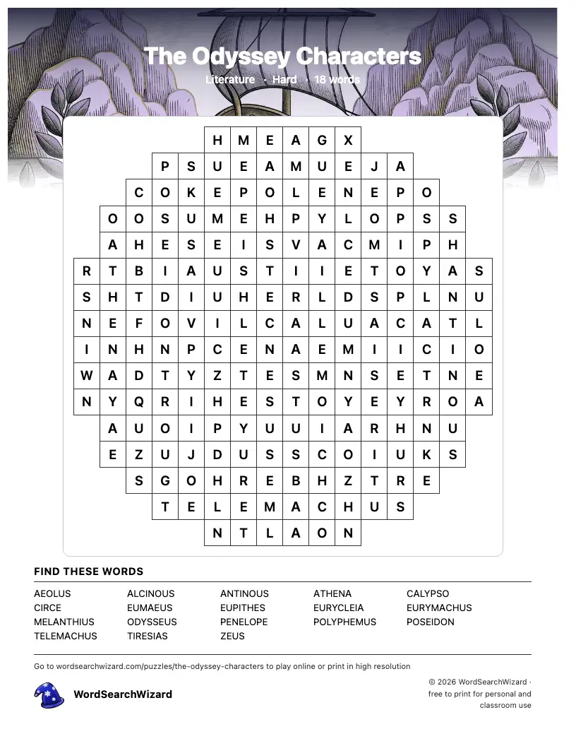 The Odyssey Characters word search printable sheet, 18 words to find