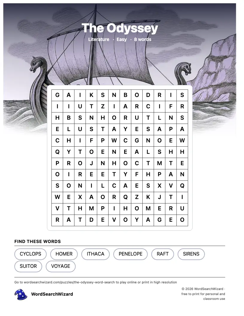 The Odyssey word search printable sheet, 8 words to find