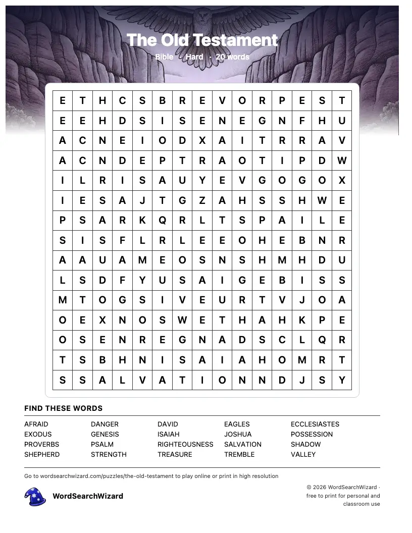 The Old Testament word search printable sheet, 20 words to find