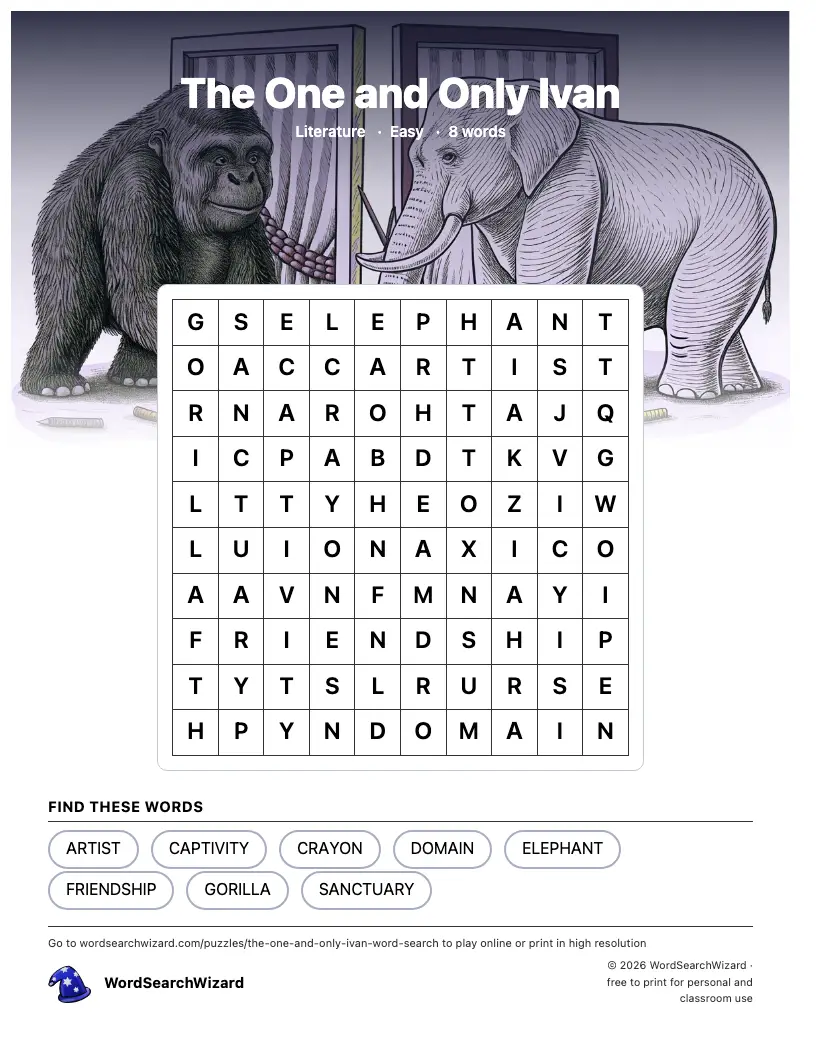 The One and Only Ivan word search printable sheet, 8 words to find